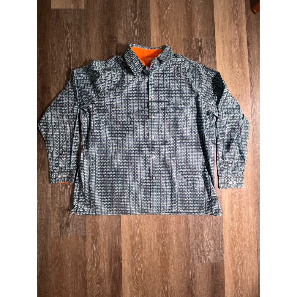 KingSize Button Down Shirt Mens 3XL Tall Teal Blue Geometric Maze Print‎